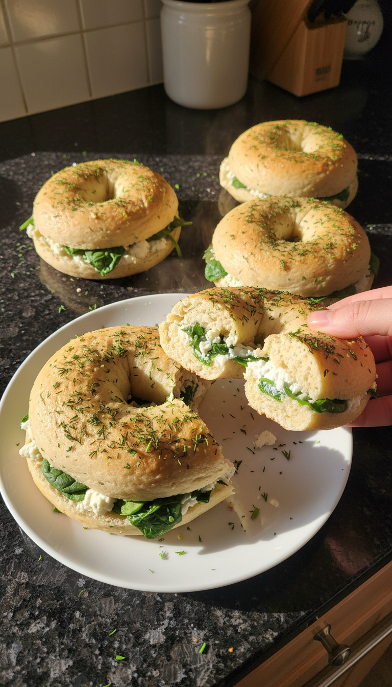 Herzhafte Spinat Hüttenkäse Bagels​