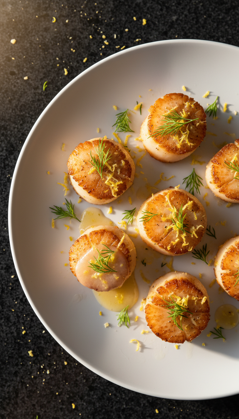 Zitronen Dill Gebratene Jakobsmuscheln​