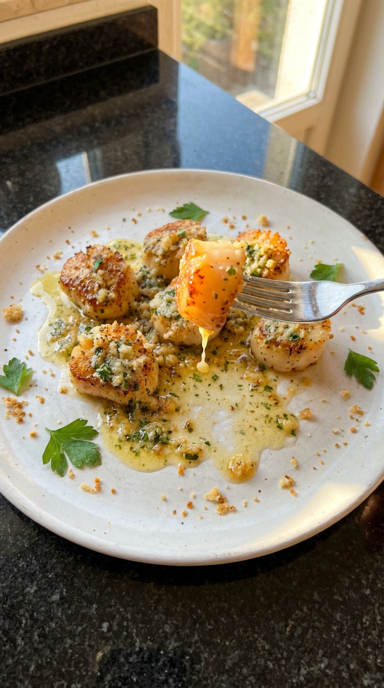 Zischende Jakobsmuscheln mit Kräuterbutter​