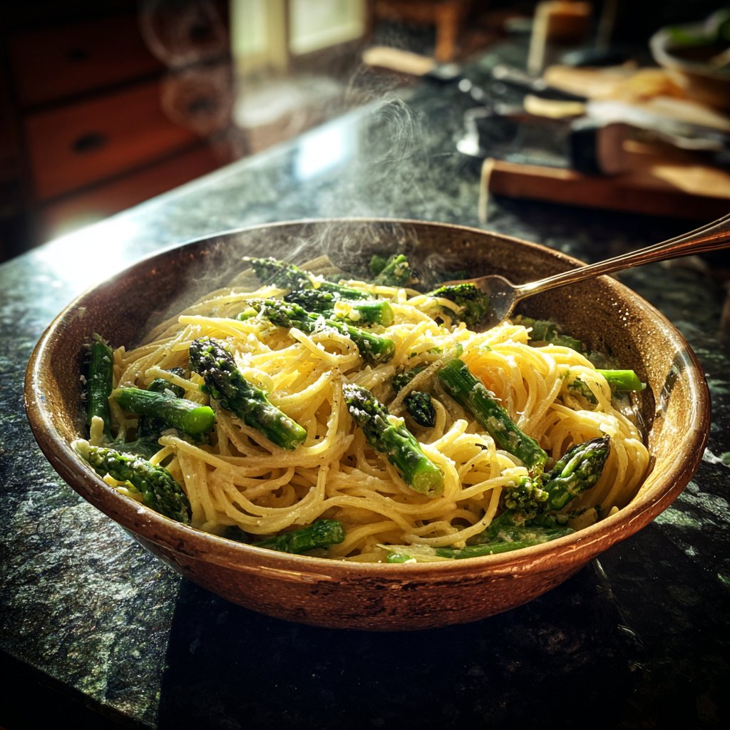 One Pot Creamy Garlic and Asparagus Pasta