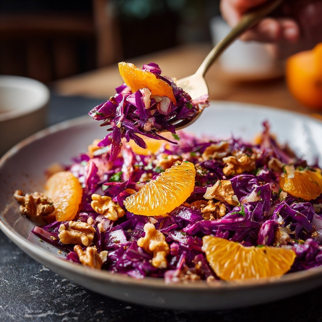 Rotkohl-Orangen-Salat mit Walnüssen als weihnachtliche Beilage